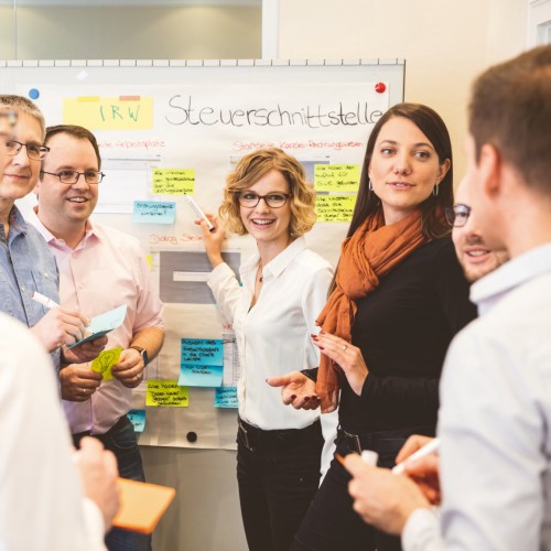 Kolleginnen und Kollegen aus dem Produktmanagement arbeiten gemeinsam vor einem White Board
