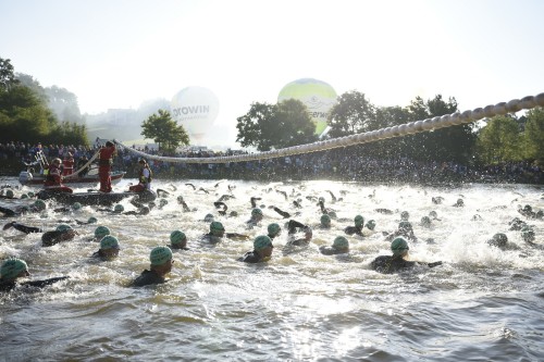 Die Athleten stürzen sich beim Schwimmstart ins Gewässer.